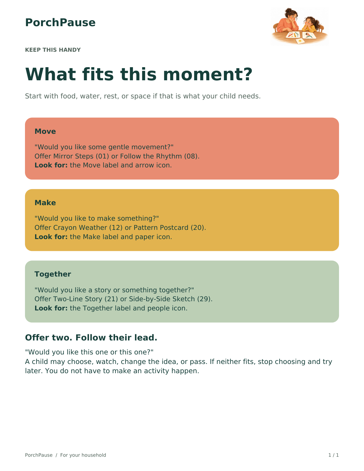 Activity Picker page with Move, Make, and Together choices