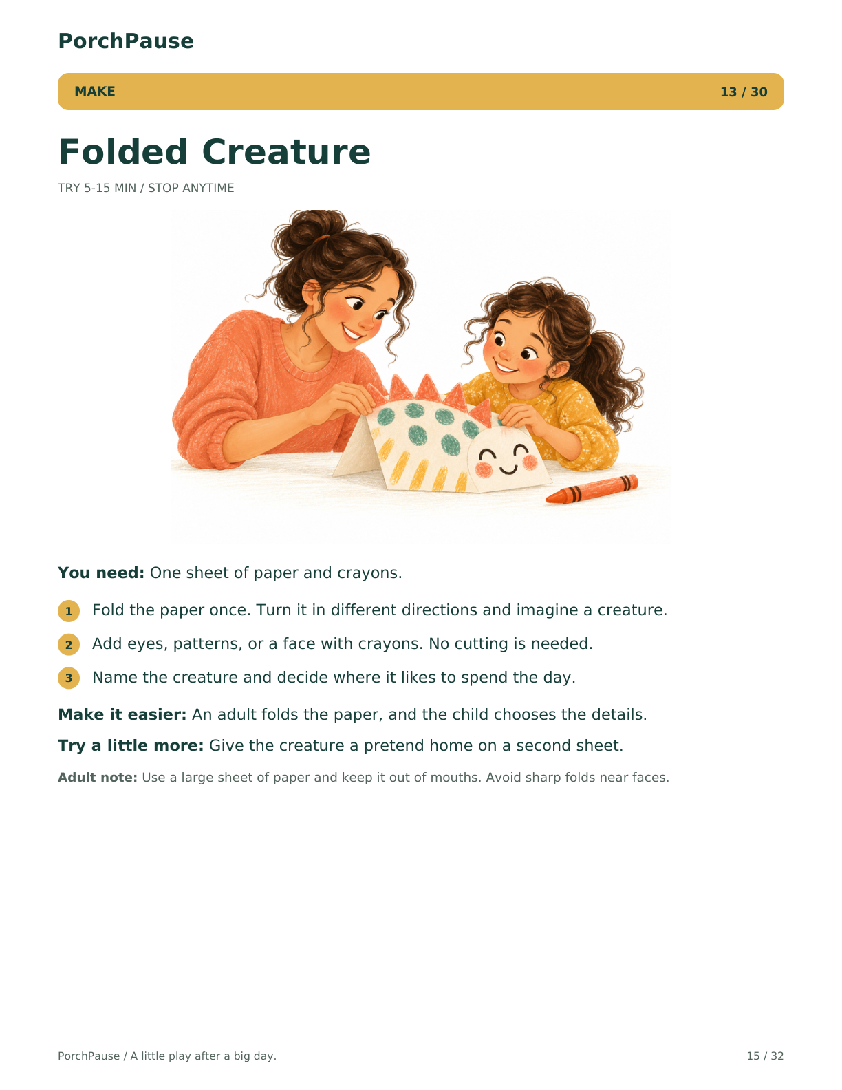 Folded Creature — complete Make activity card showing a caregiver and child decorating folded paper