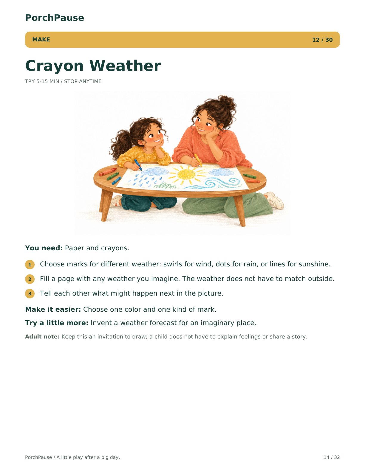 Crayon Weather — complete Make activity card showing a caregiver and child drawing imaginary weather