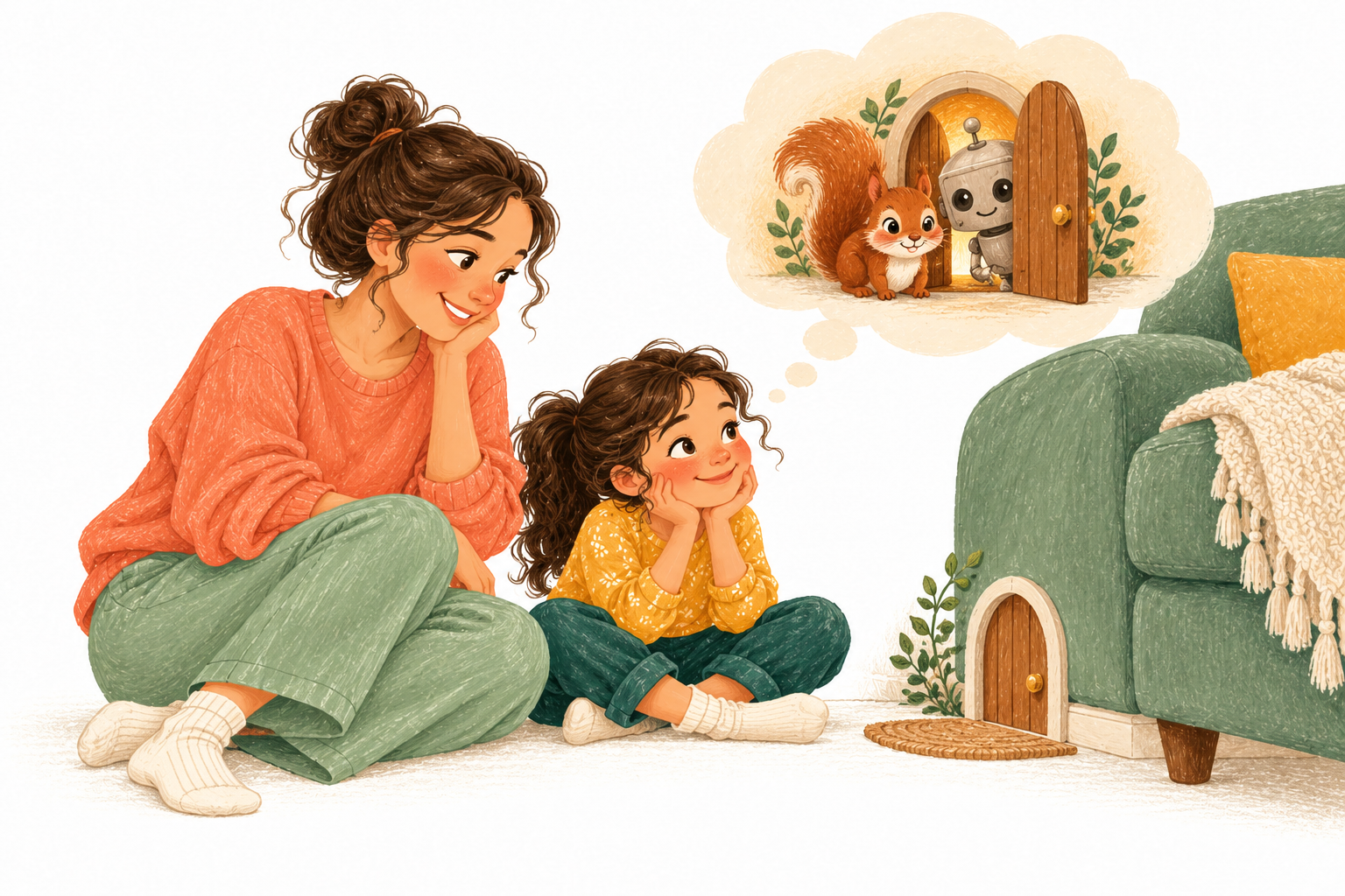 A caregiver and her daughter sit on the floor beside an armchair, looking at a miniature wooden door with an imagined squirrel and robot beside it