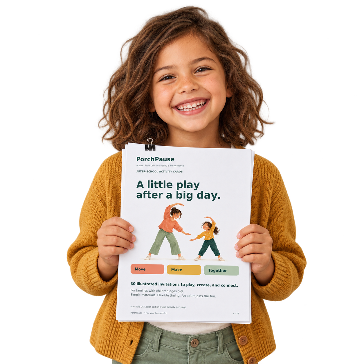 A smiling young girl in a mustard-yellow knit cardigan holds up a clipped packet of printed PorchPause activity cards