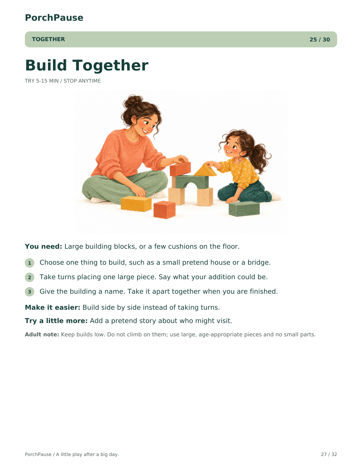 Build Together — complete Together activity card showing a caregiver and child building with large blocks
