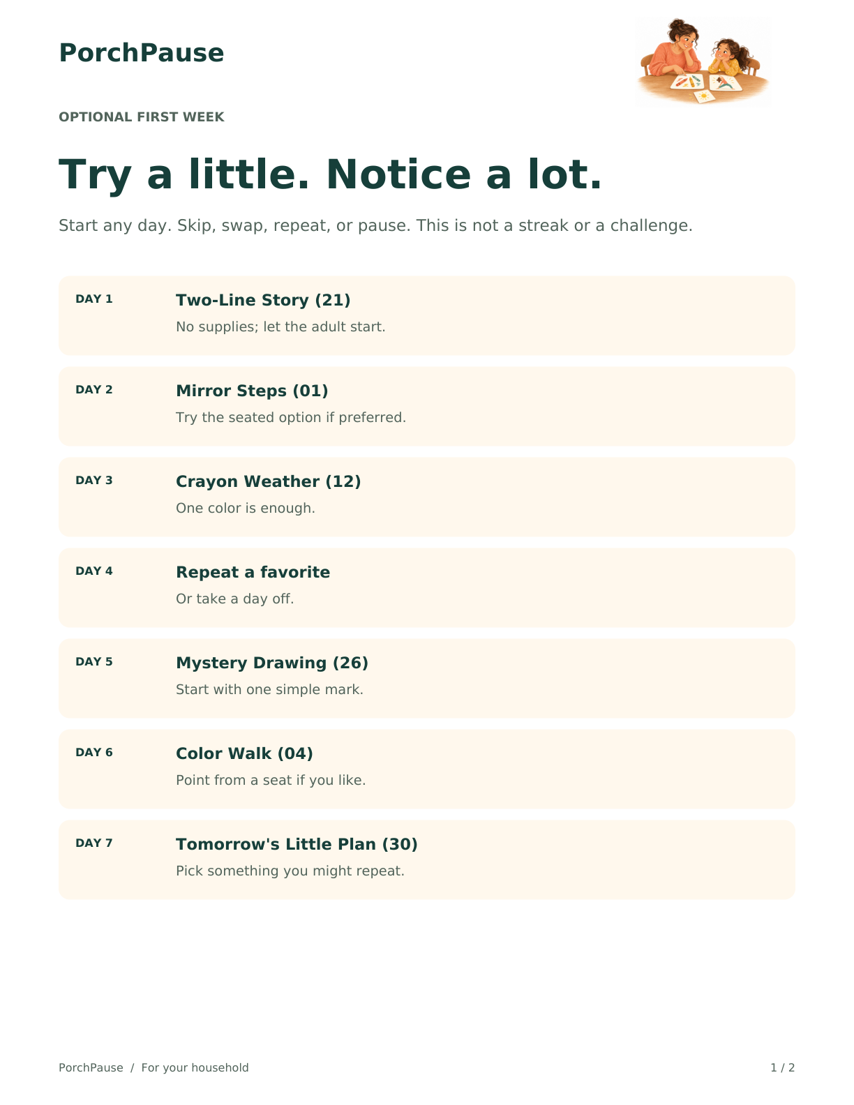 7-Day Starter Map page with seven flexible activity suggestions