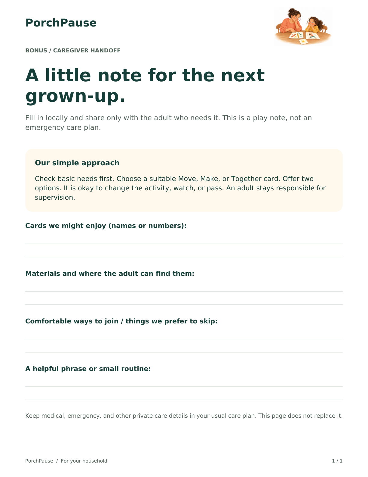 Caregiver Handoff bonus page with a fill-in note for another adult