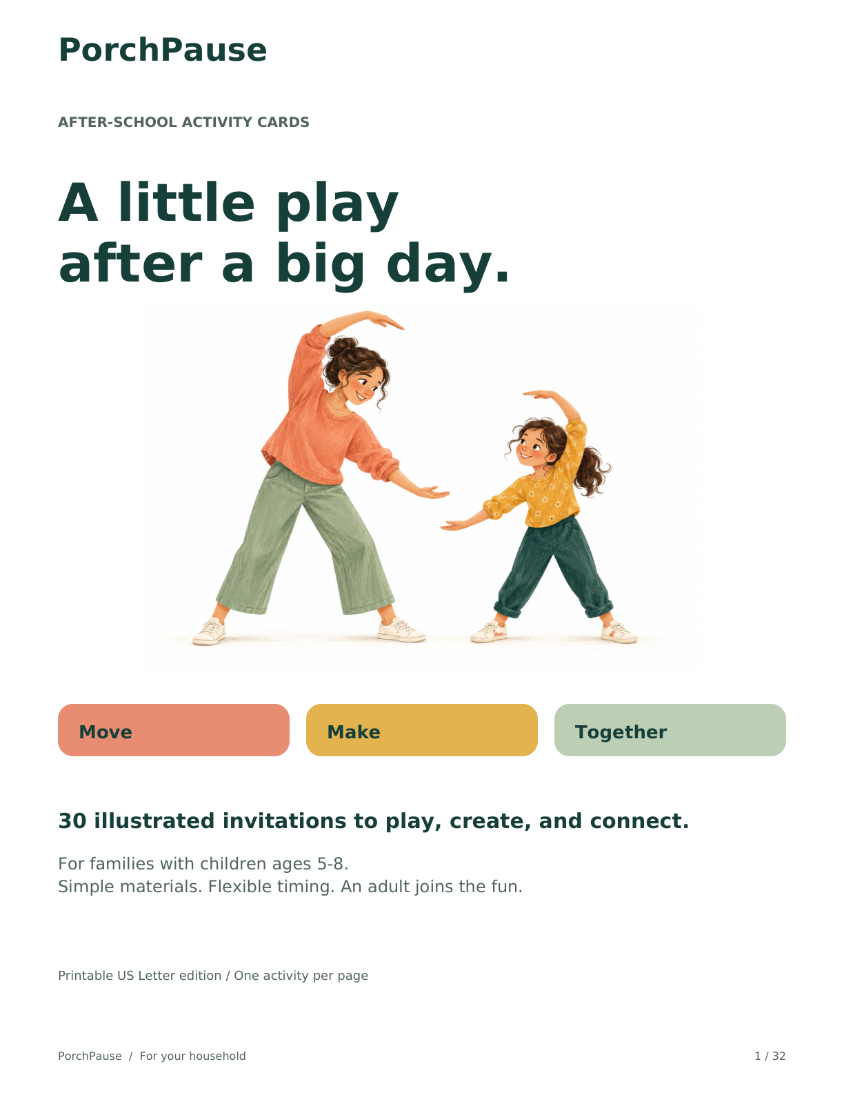 PorchPause illustrated activity collection cover with Move, Make, and Together categories