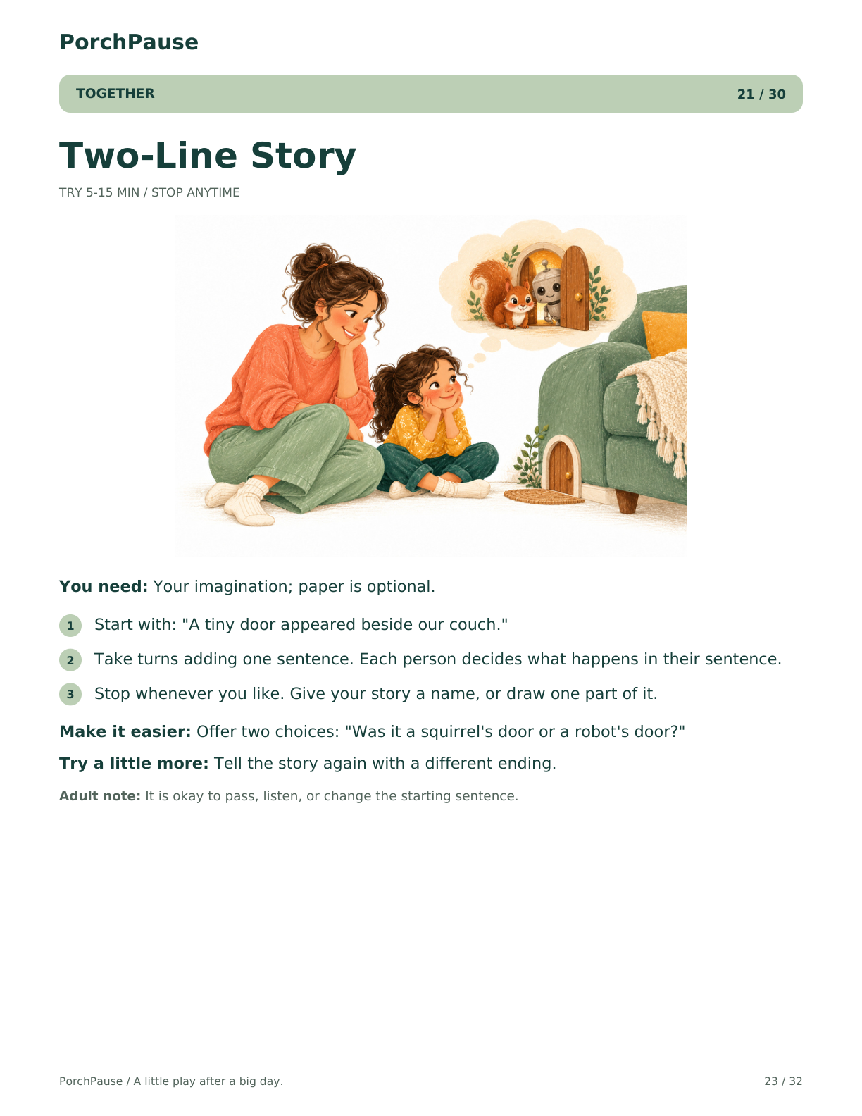 Two-Line Story — complete Together activity card showing a caregiver and child imagining a tiny door beside their couch