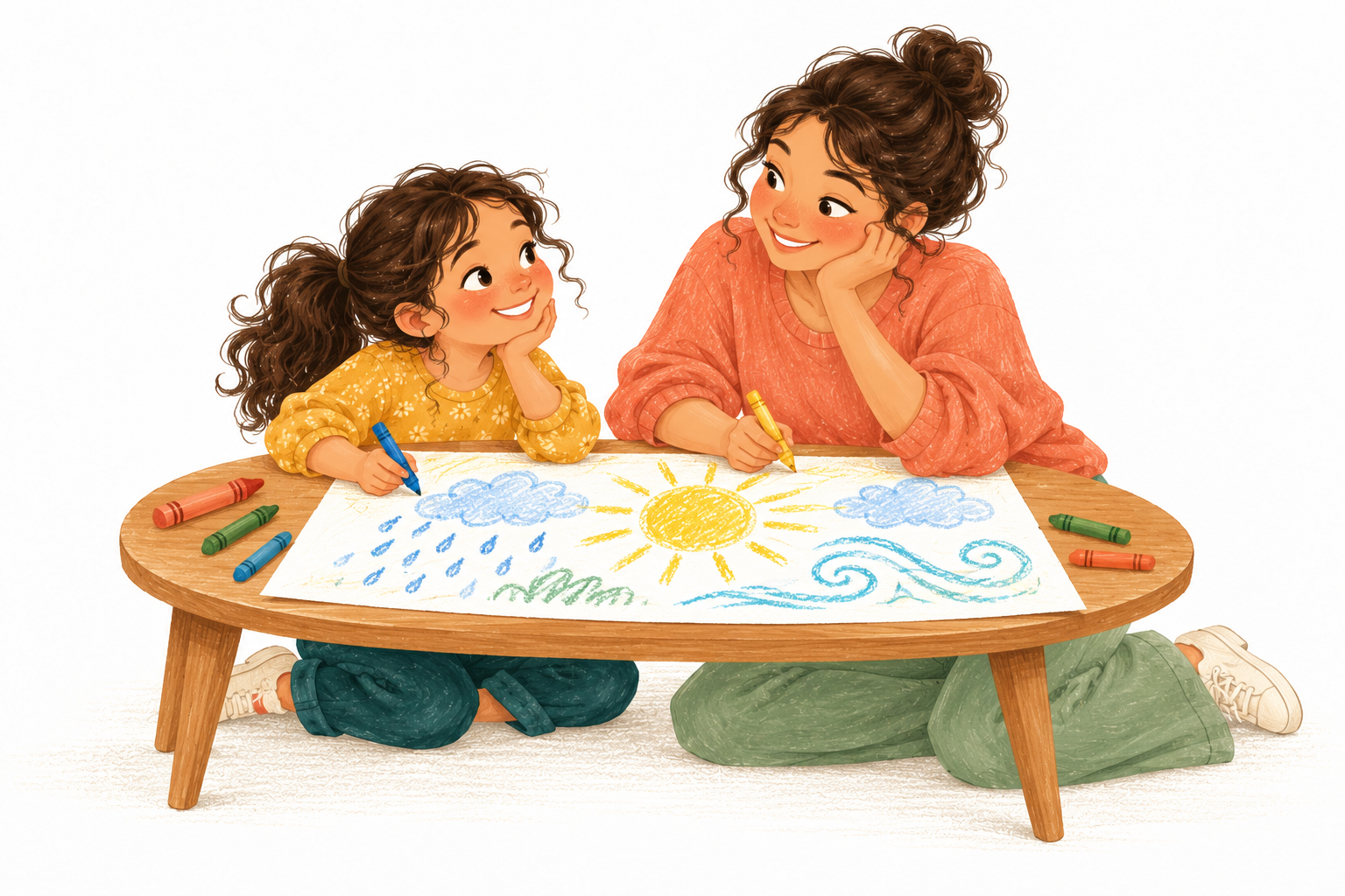 A caregiver and her daughter rest their chins on their hands and smile at each other across a low table while drawing sun, clouds, rain, and waves with crayons