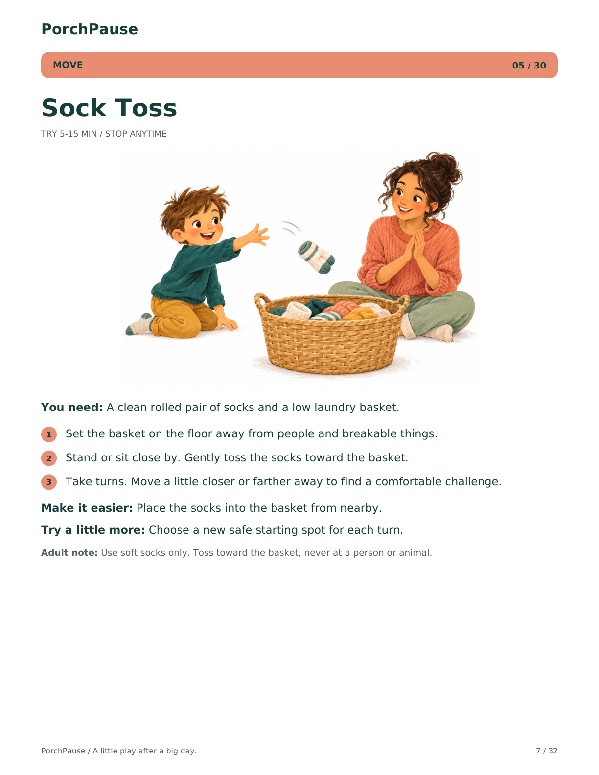 Sock Toss — complete Move activity card showing a child tossing rolled socks toward a laundry basket