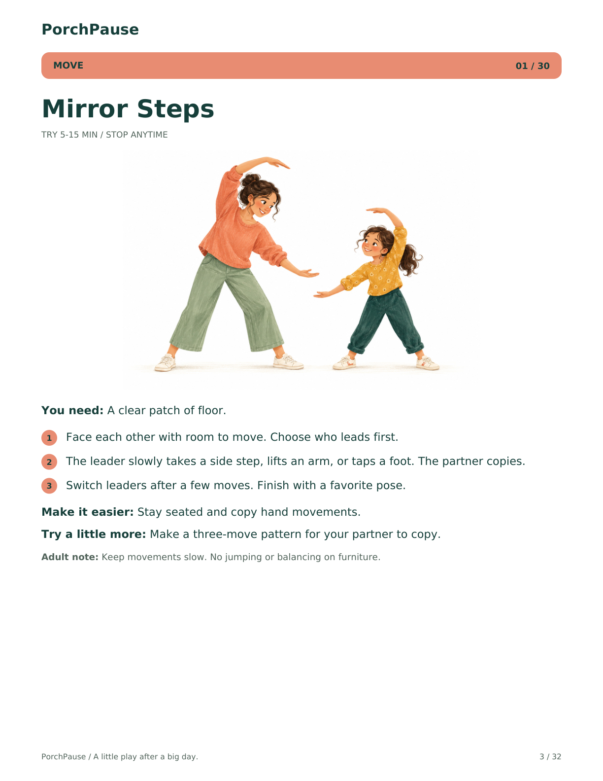 Mirror Steps — complete Move activity card showing a caregiver and child copying gentle movements