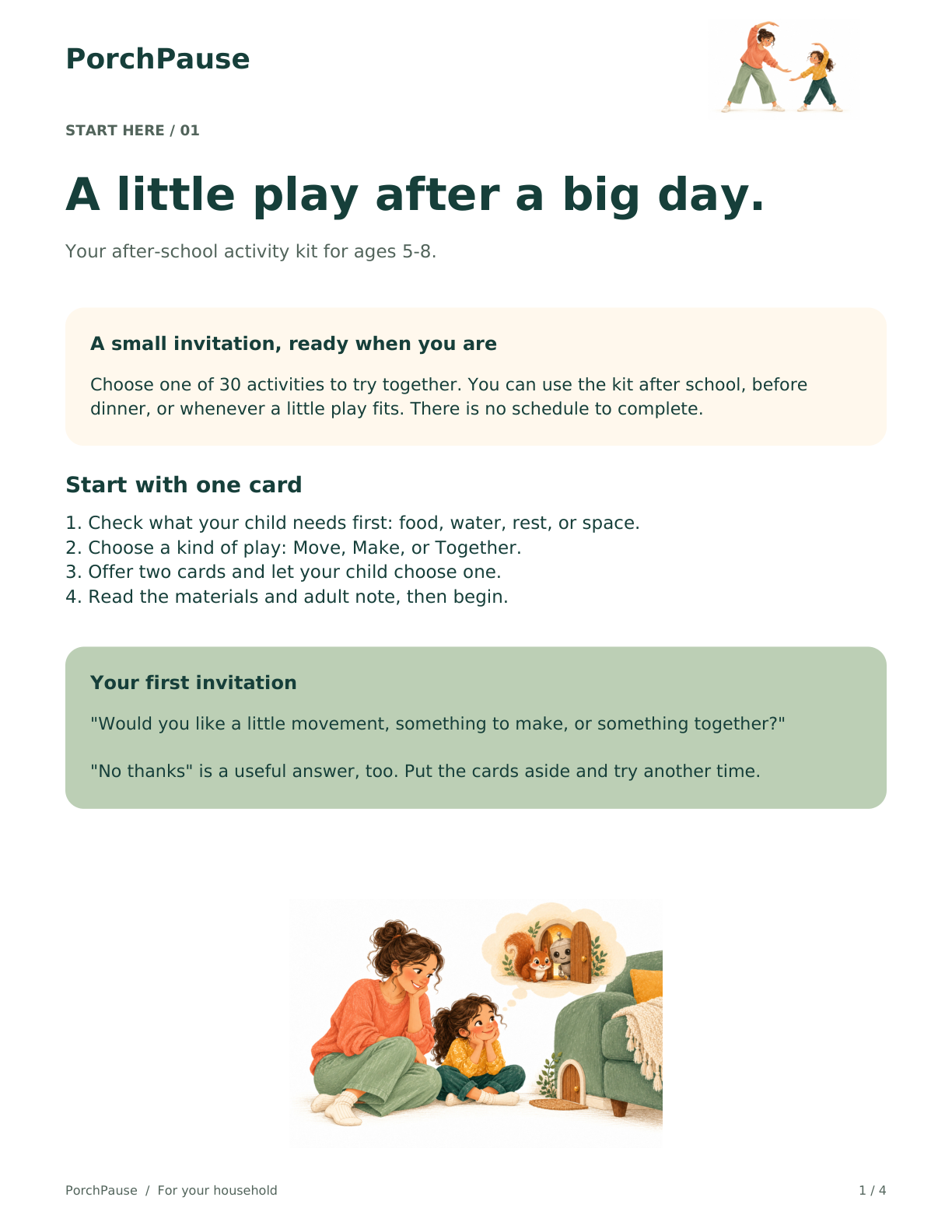 Start Here guide page introducing the PorchPause activity kit